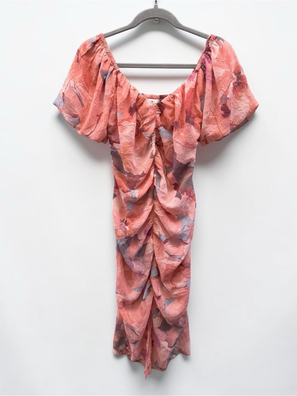 Socialite Pink Floral Ruched Puff Sleeve Midi Dress Size XS - Picture 3 of 8